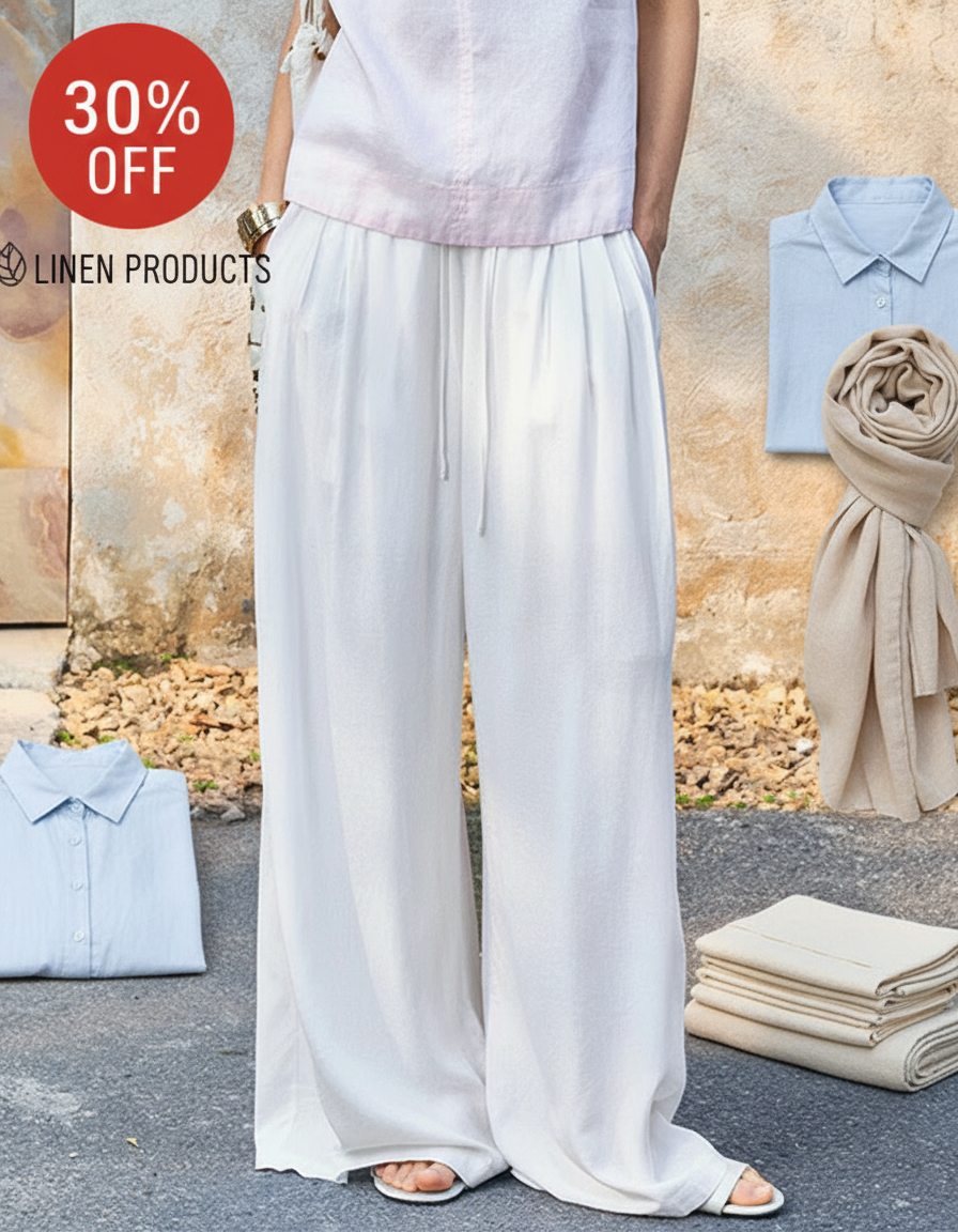 A person wearing white linen pants with a "30% OFF LINEN PRODUCTS" sale graphic.