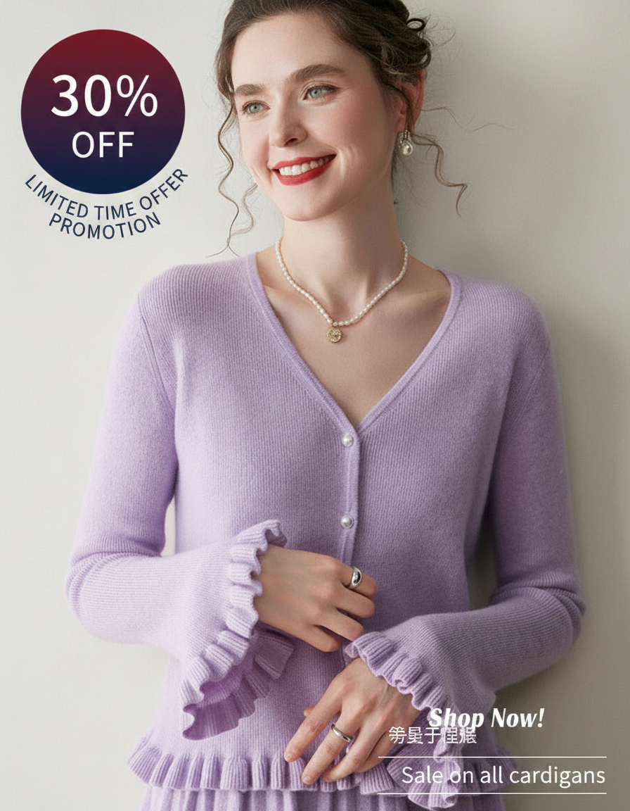 Woman in a purple cardigan with ruffled sleeves, advertising 30% off.