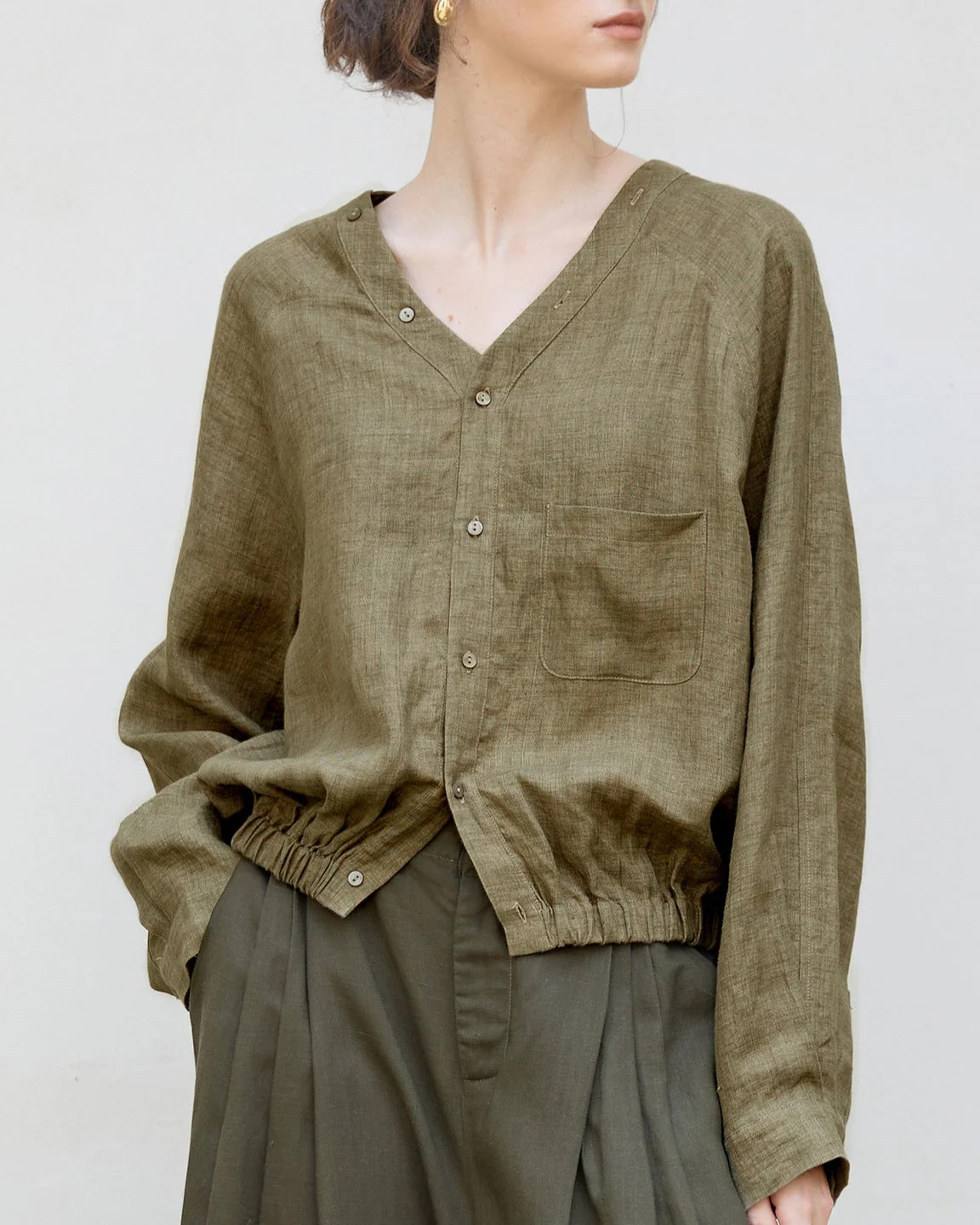 Image of Linen V-Neck Long-Sleeved Shirt