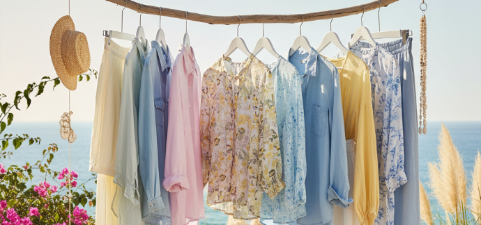 A collection of light, airy summer clothes hangs on a driftwood rack by the sea.