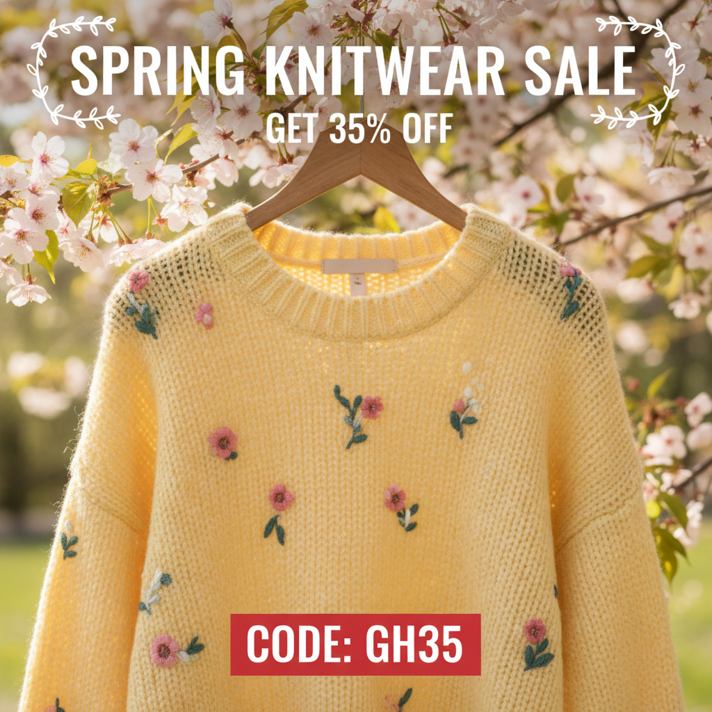 Yellow embroidered sweater with "Spring Knitwear Sale" and "CODE: GH35" text.