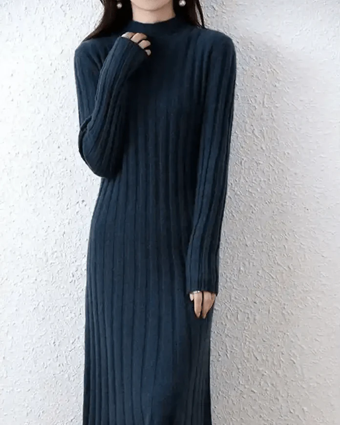 Image of Ribbed Knitted Wool Sweater Dress