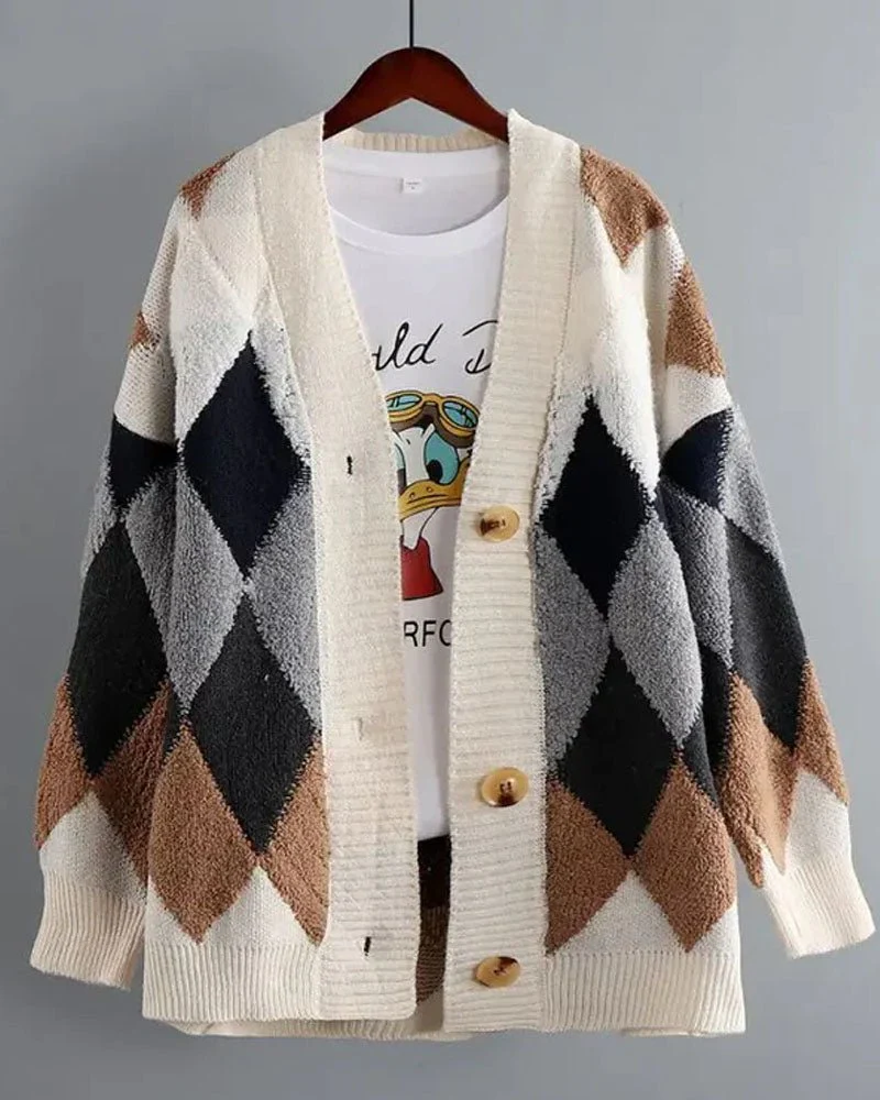 Image of Fleece Patchwork Vintage V-Neck Short Cardigan