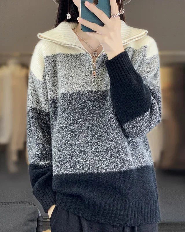 Image of Color Block High Collar Wool Knitted Pullover Sweater