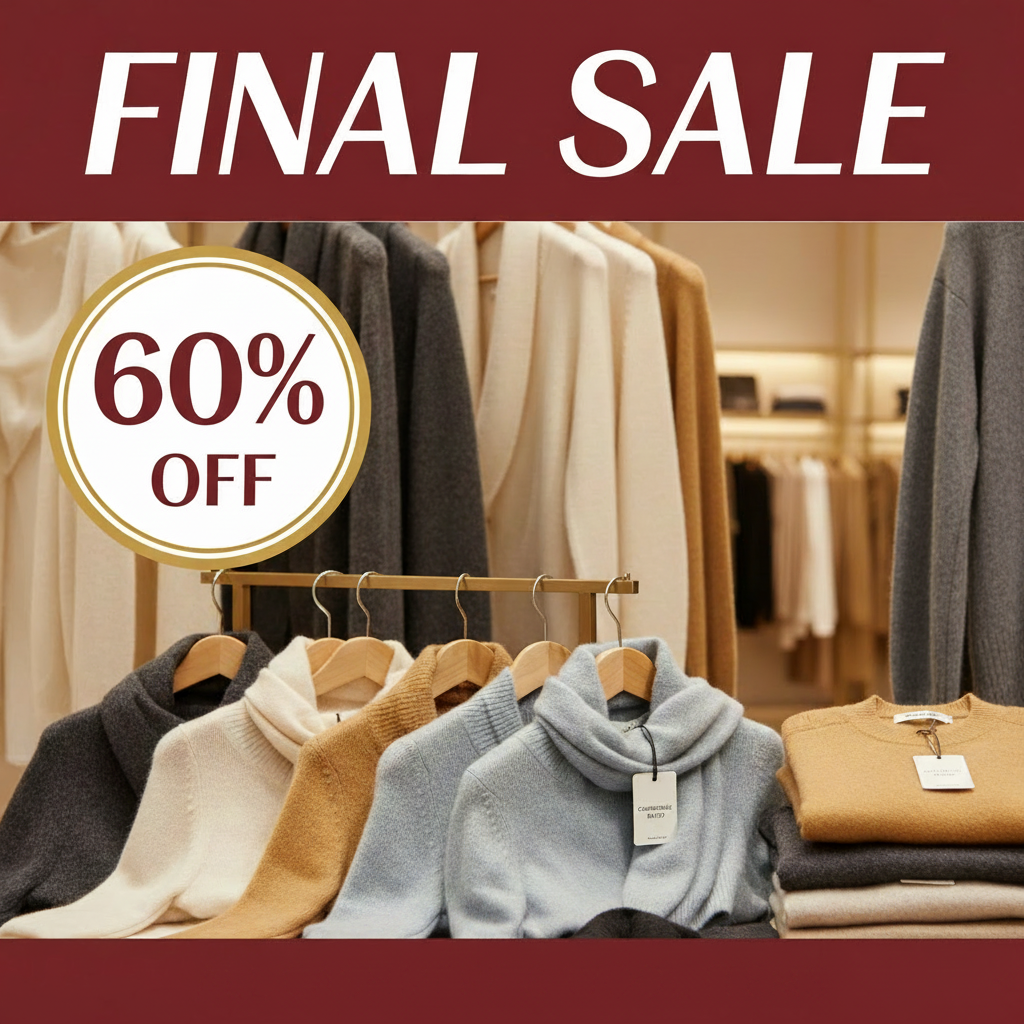 Final sale with 60% off sweaters displayed on racks and stacked.
