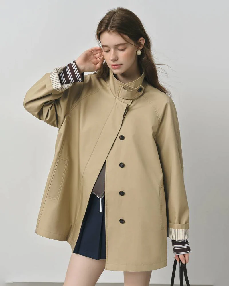 Image of Short Stand Collar Windbreaker Trench Jacket