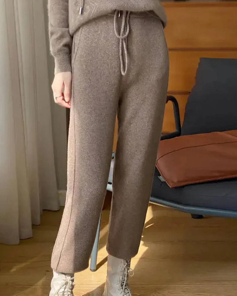 Image of High Waist Drawstring Wool Knitted Pants