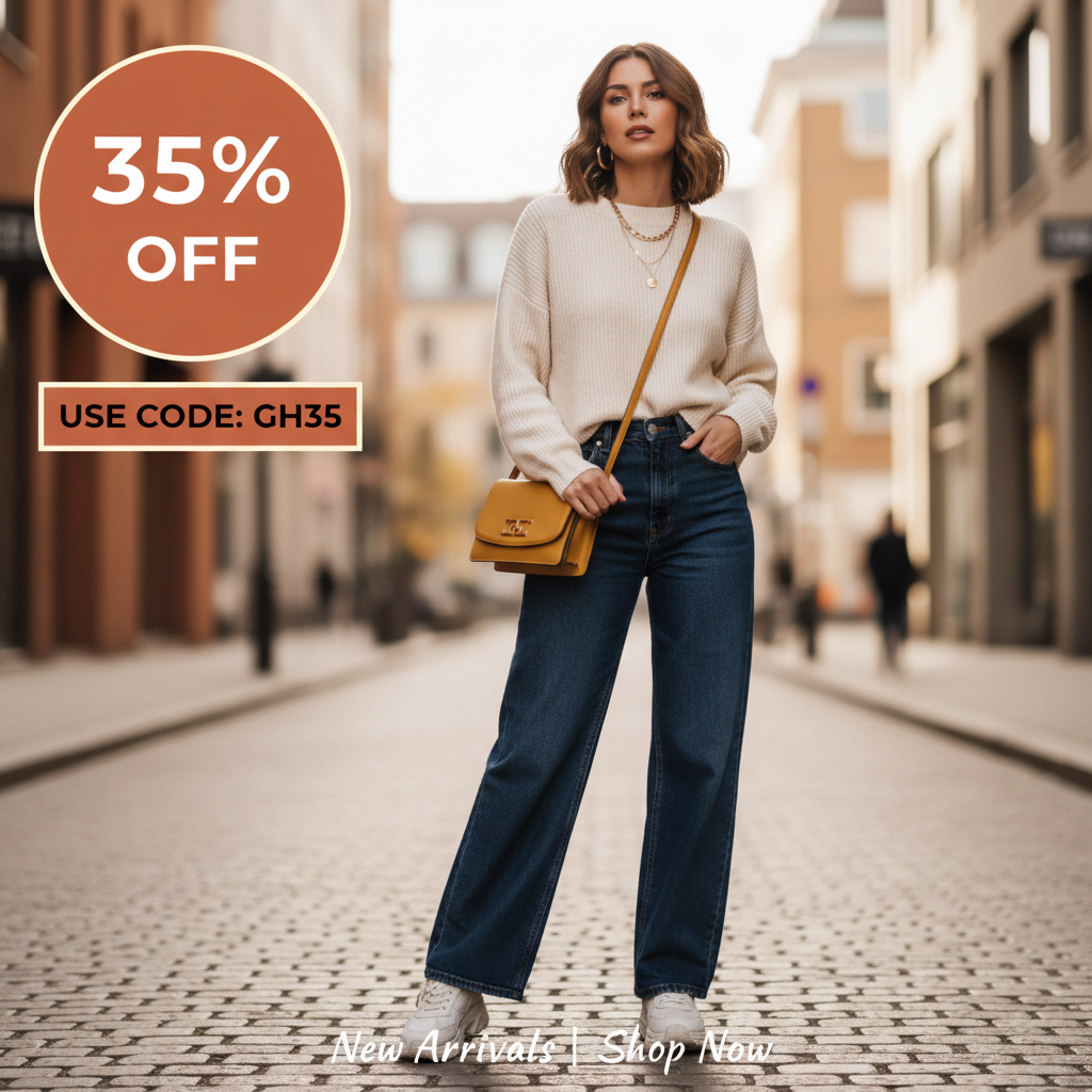 Woman in sweater and jeans with "35% OFF" and "USE CODE: GH35" text.