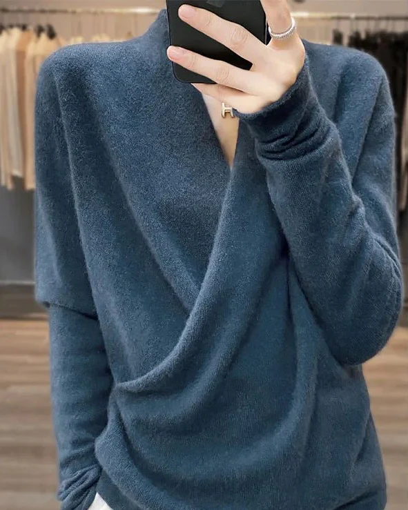 Image of V-neck Wrap Style Wool Knitted Sweater