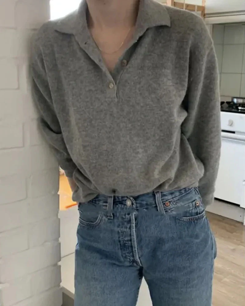 Image of Polo Collar Gray Wool Sweater