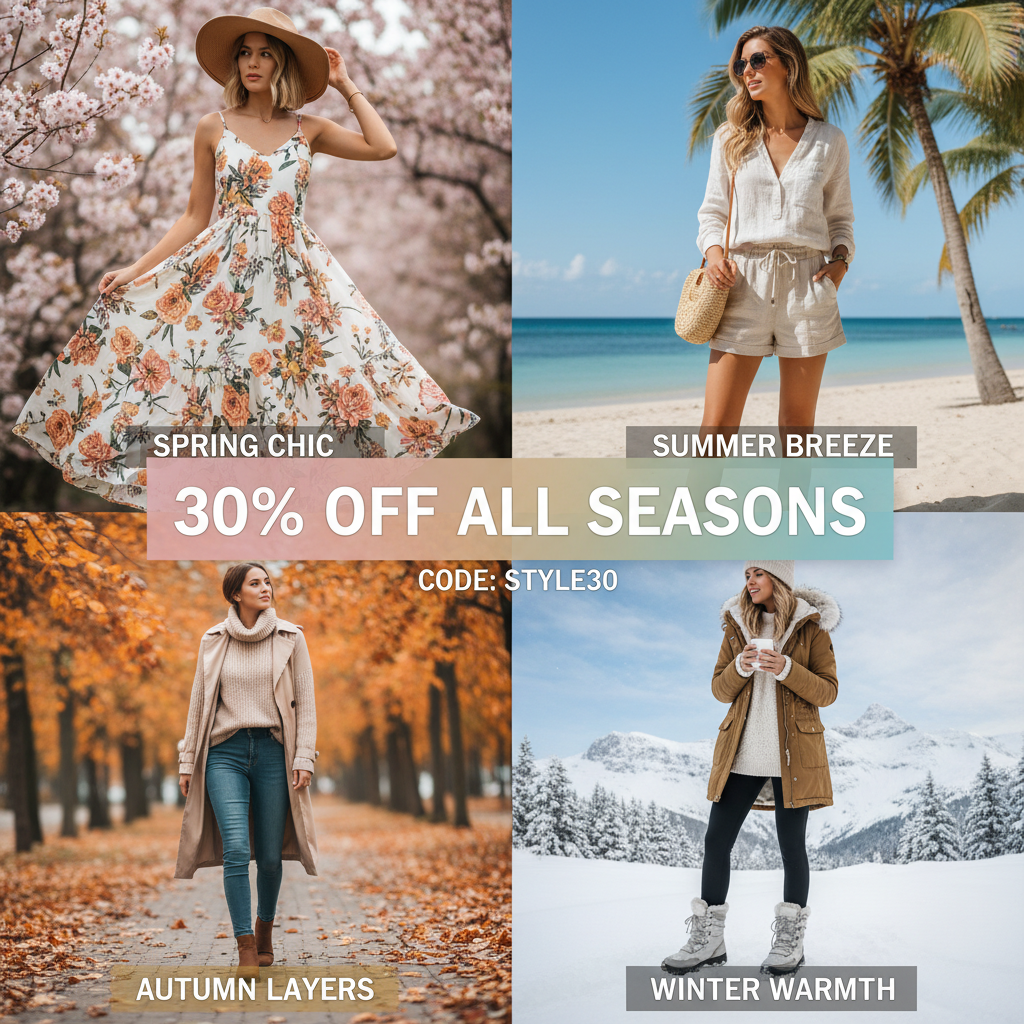 Four seasonal fashion looks with a 30% off sale code.