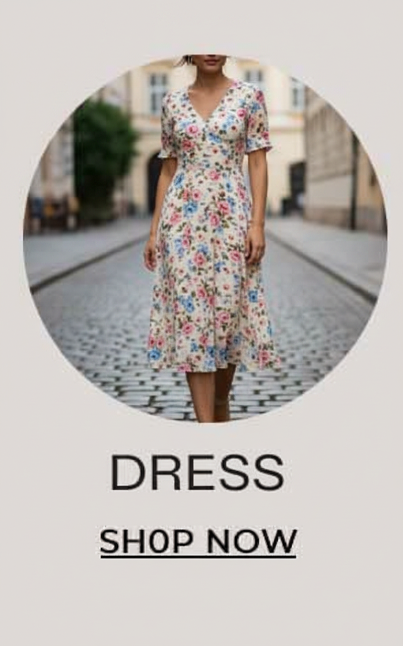 Woman in a floral dress with "DRESS SHOP NOW" text.