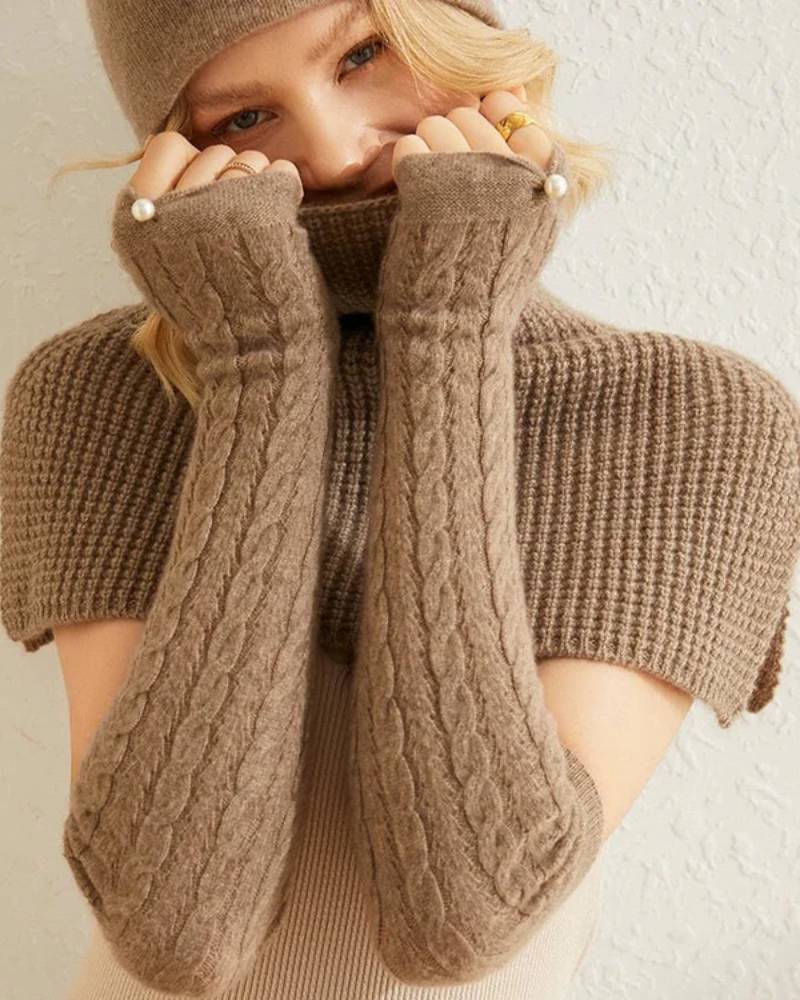 Image of 100% Cashmere Long Knitted Arm Warmers Thick Gloves