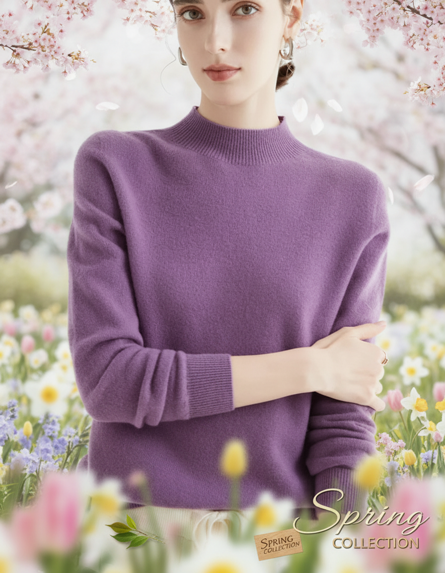 Woman in a purple sweater with a spring floral background.