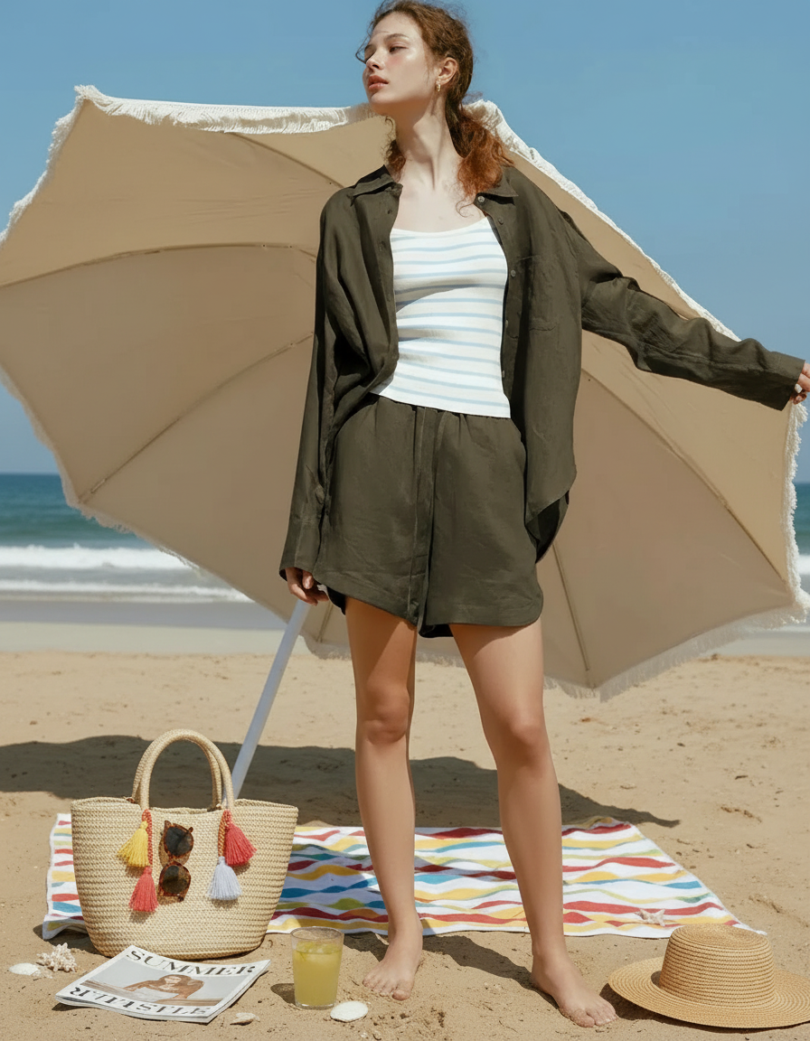 Woman in beachwear stands under an umbrella with a straw bag and drink on the sand.