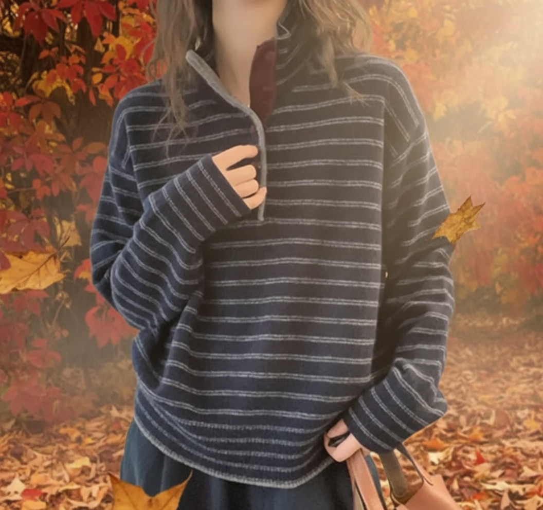 Person in a striped sweater and dark skirt stands in front of autumn foliage.