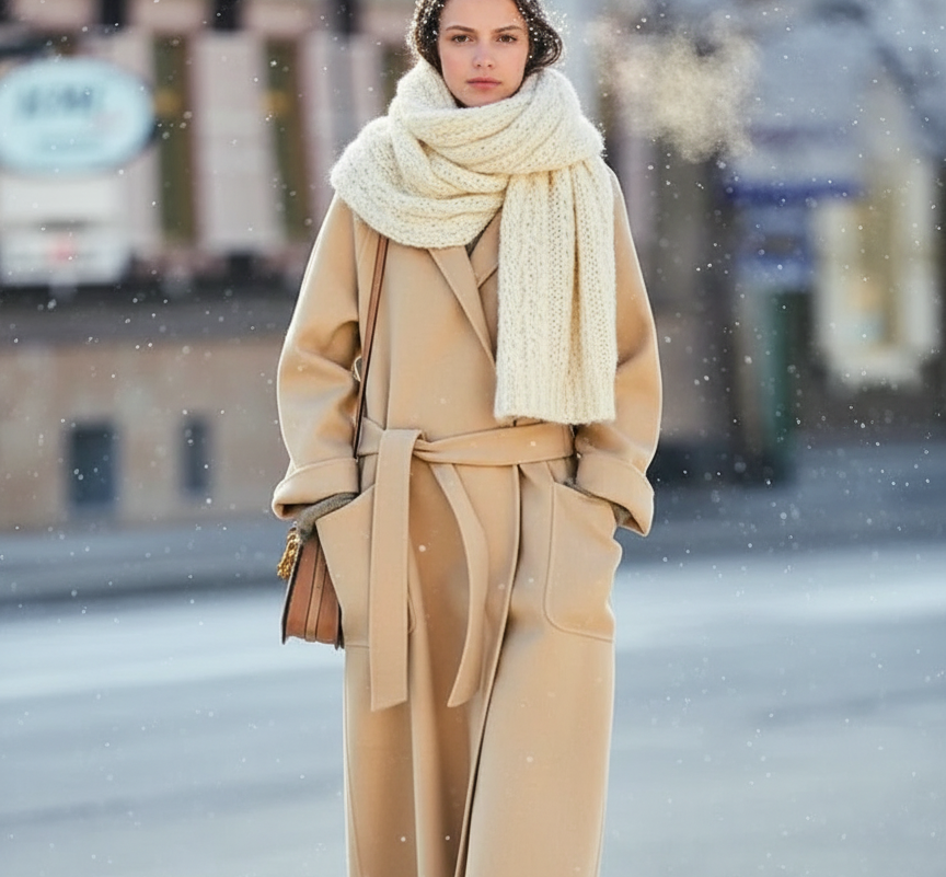 Woman in a tan coat and scarf walks in the snow.