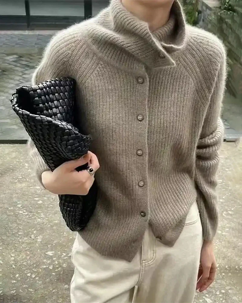 Image of High Neck Pure Wool Short Cardigan