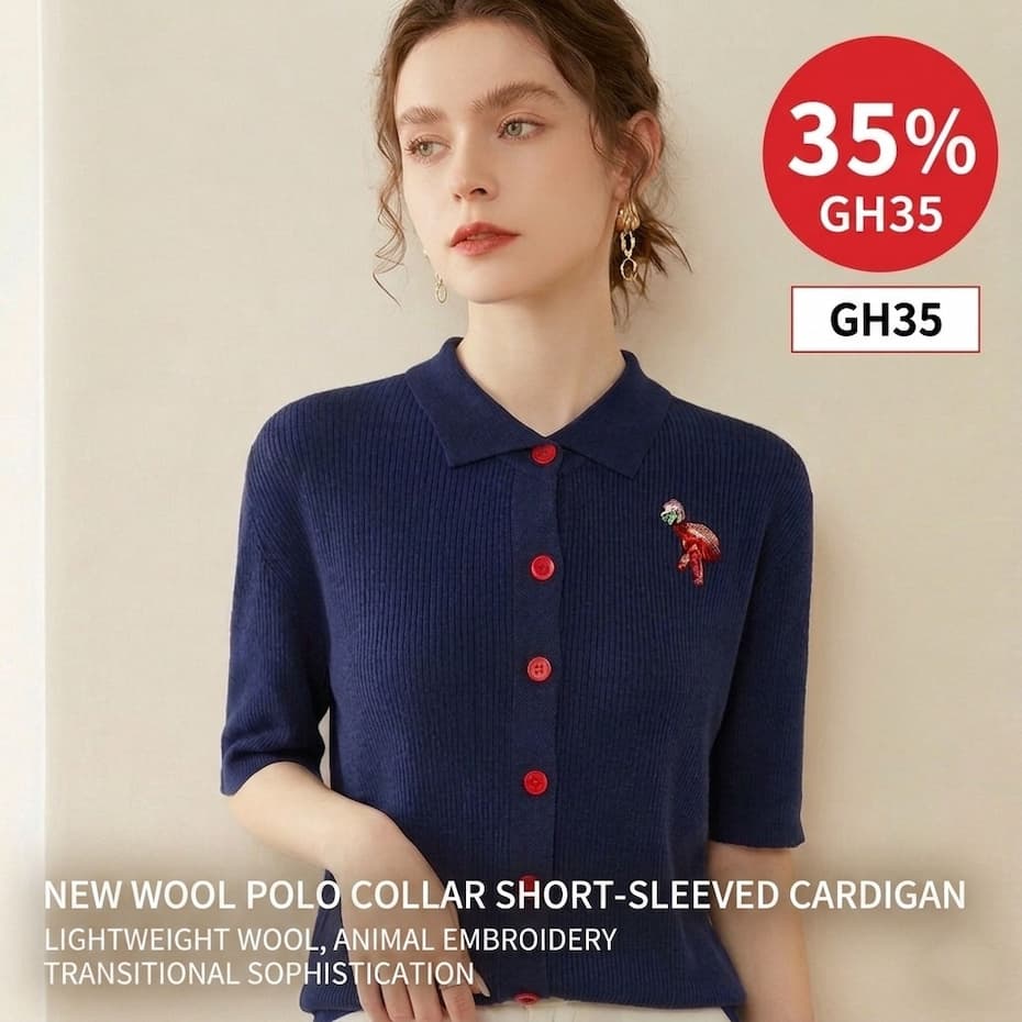 Woman in a blue knit short-sleeved polo cardigan with red buttons and flamingo embroidery, with a 35% off promotion.