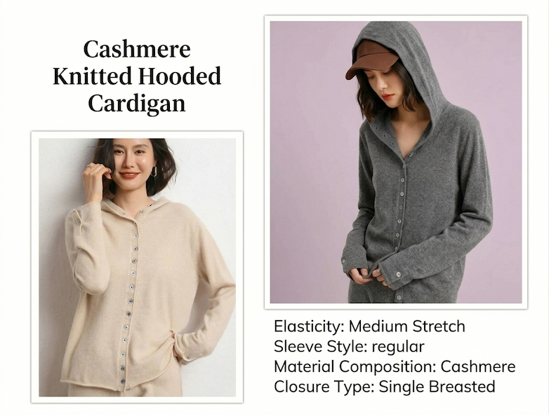 An elegant lifestyle product collage showcasing a women's fashion item, inspired by modern editorial lookbooks. The graphic uses a clean white background with a horizontal layout.  On the left side, a stylized text section displays the title "Cashmere Knitted Hooded Cardigan" in a prominent serif font, centered. Below the title, a vertically oriented inset photograph with a subtle border shows a smiling woman posing in a soft beige knitted long-sleeve hooded top.  On the right side, a larger, vertical rectangular photograph captures the same model looking down thoughtfully, wearing a charcoal grey version of the knitted hooded top with the hood up over a brown baseball cap. The grey sweater features a classic button-down front with small white buttons.  In the bottom right corner, text in a clean sans-serif font details the product specifications: "Elasticity: Medium Stretch", "Sleeve Style: regular", "Material Composition: Cashmere", and "Closure Type: Single Breasted".
