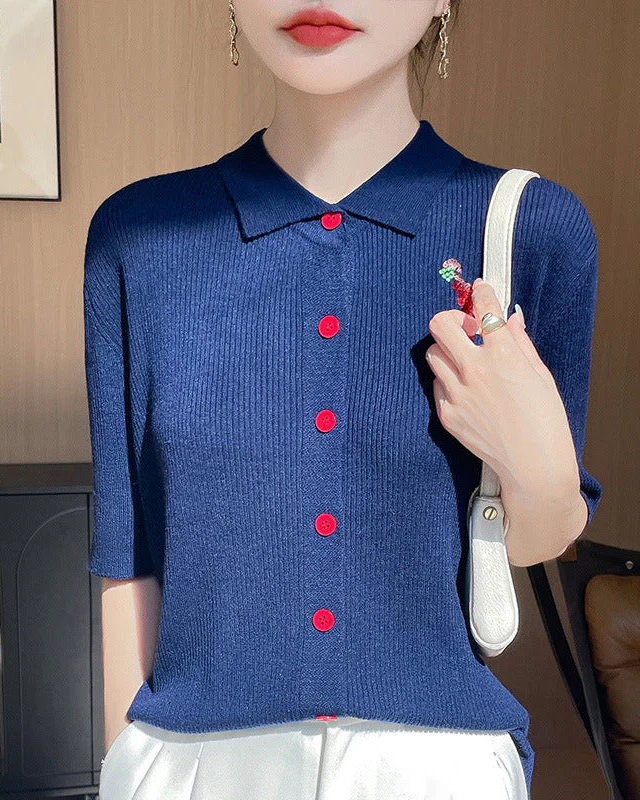 Image of New Wool Polo Collar Short-Sleeved Cardigan