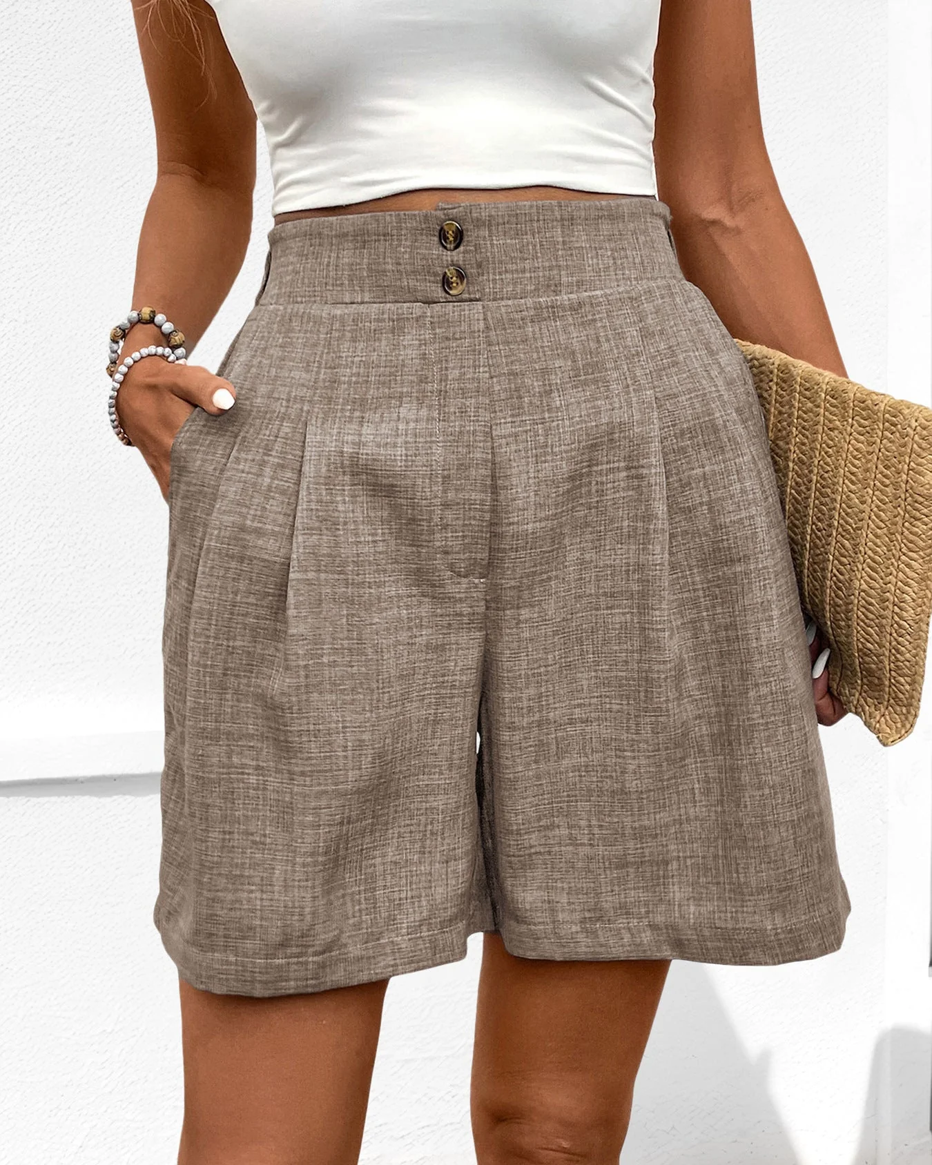 Image of Solid-Color High-Waisted Straight-Leg Shorts
