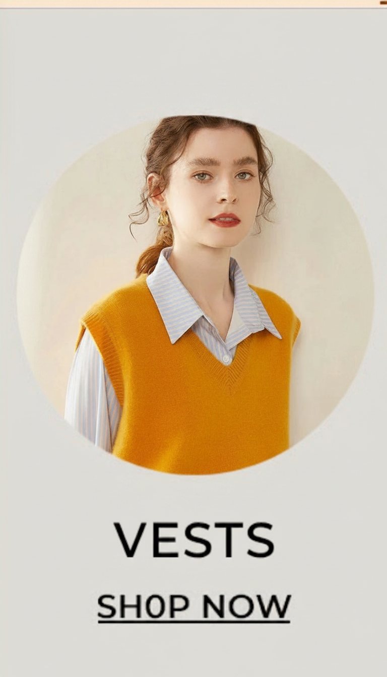 Woman wearing an orange vest over a striped shirt, with "VESTS SHOP NOW" text.