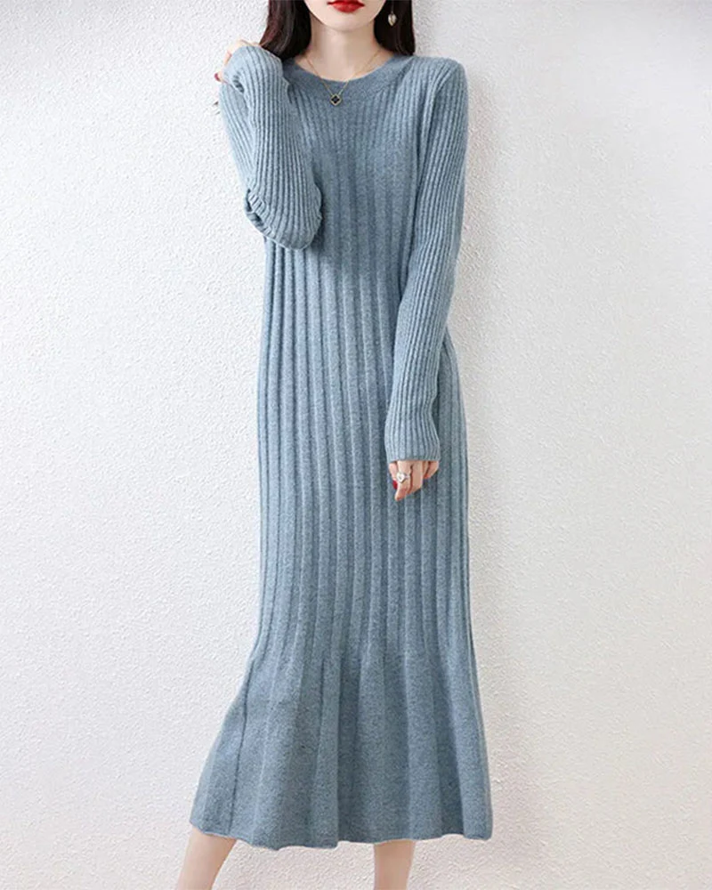 Image of Round-Neck Long Sleeves Wool Dress