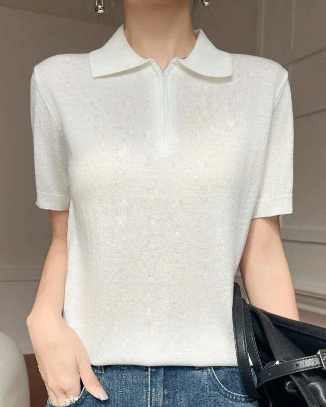 Image of Thin Short-Sleeved Collared Sweater