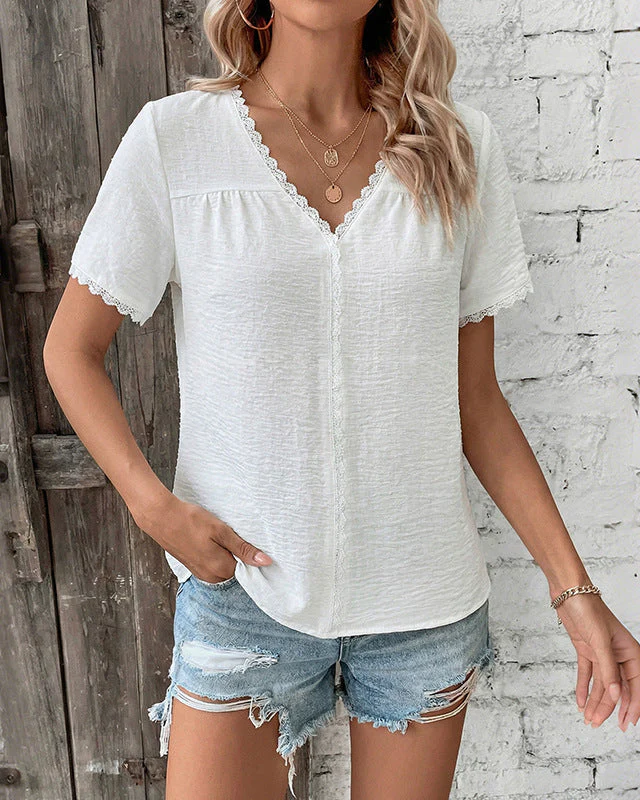 Image of Simple Lace-Trimmed V-Neck Shirt