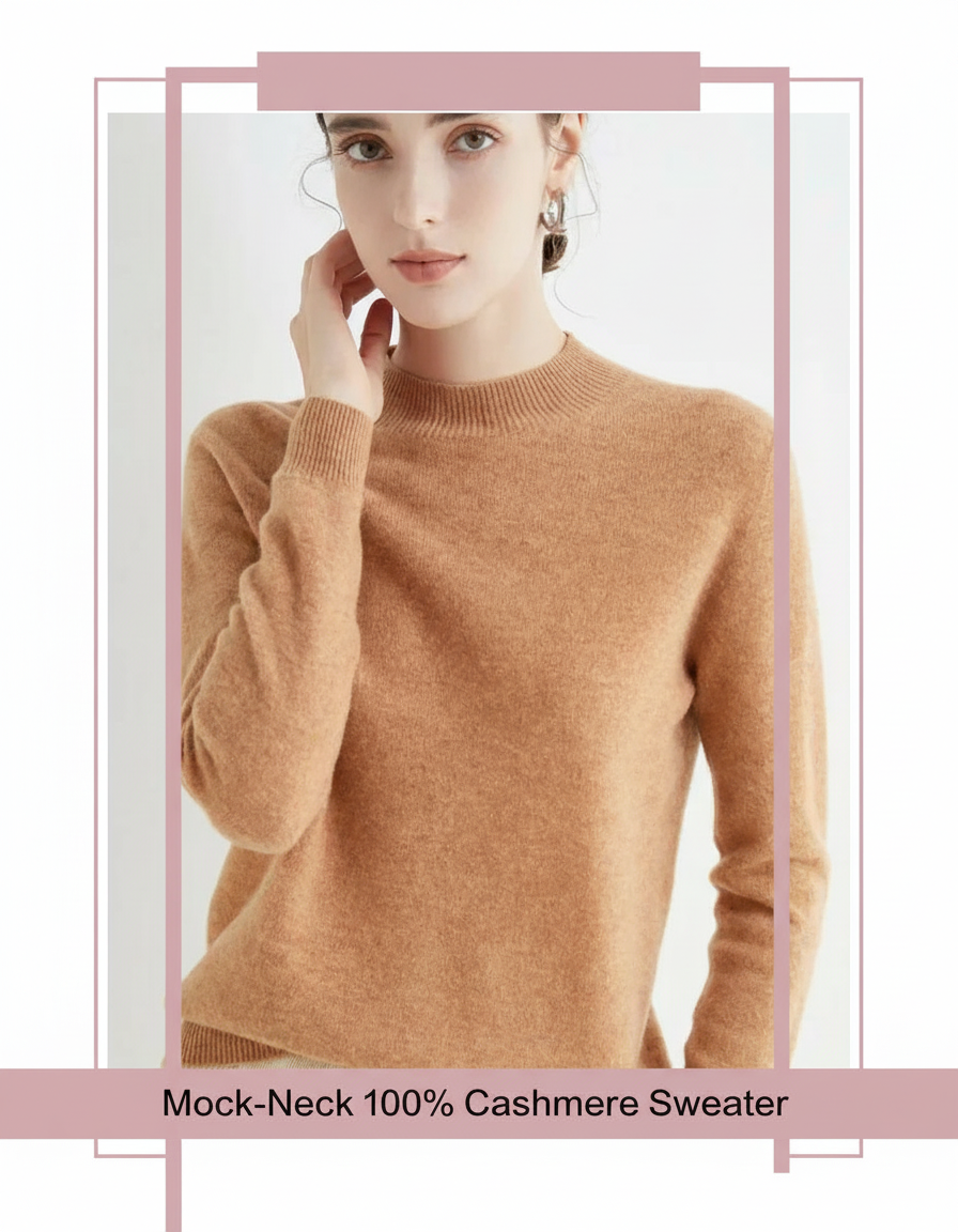 Woman wearing a tan mock-neck 100% cashmere sweater.