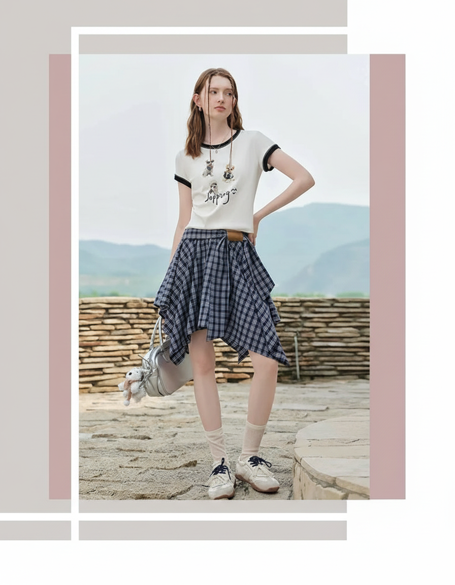 Woman in a white t-shirt and plaid skirt stands outdoors.