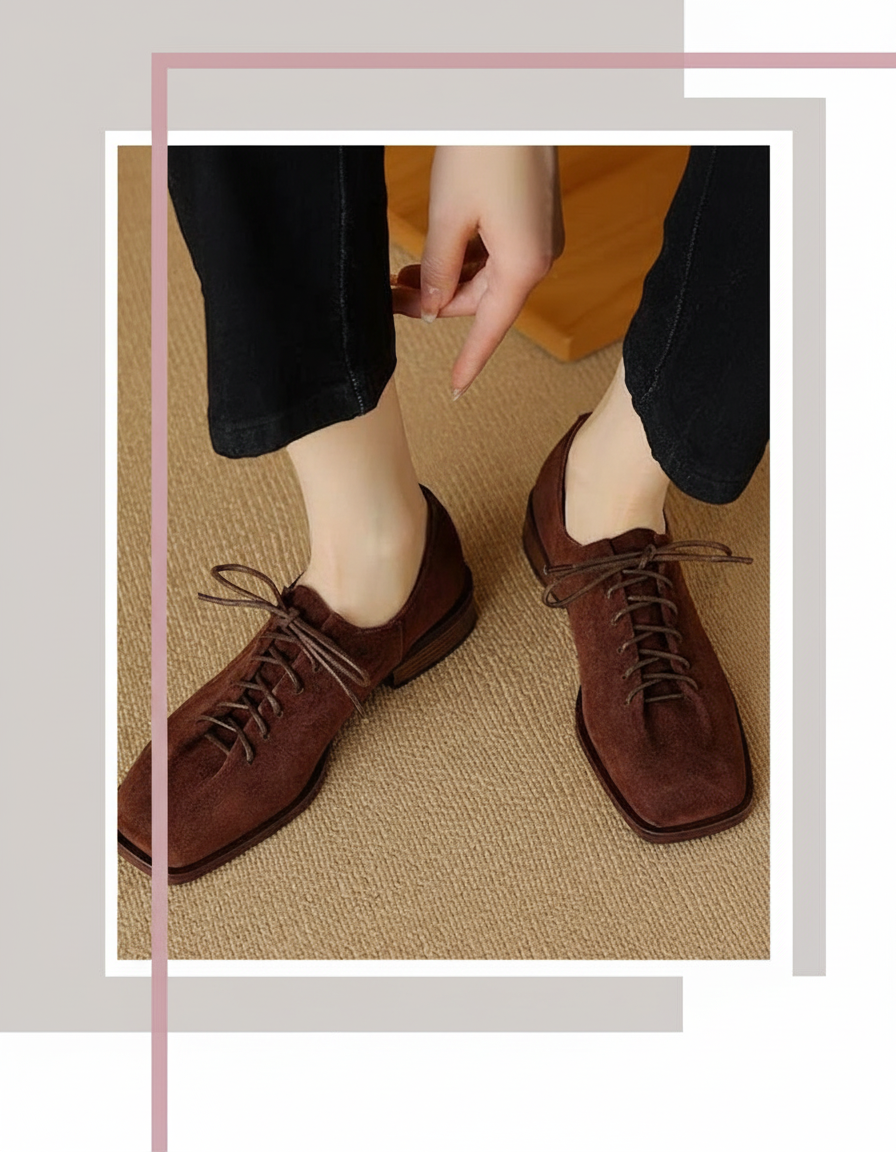A person wears brown lace-up shoes with black pants.