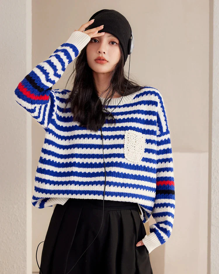 Image of Ribbed Stripe Knit Relaxed Pullover