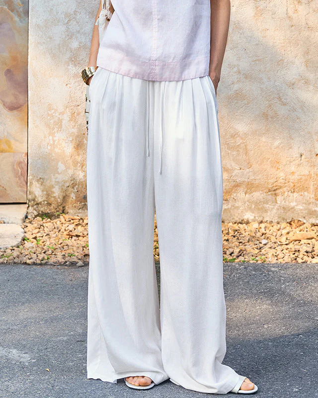 Image of Relaxed Linen Drawstring Wide-Leg Pants