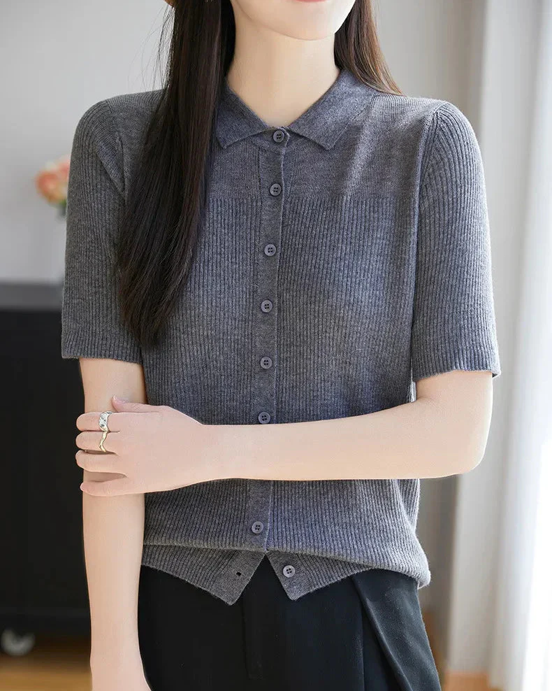 Image of Relaxed Knit Turn-Down Collar Top