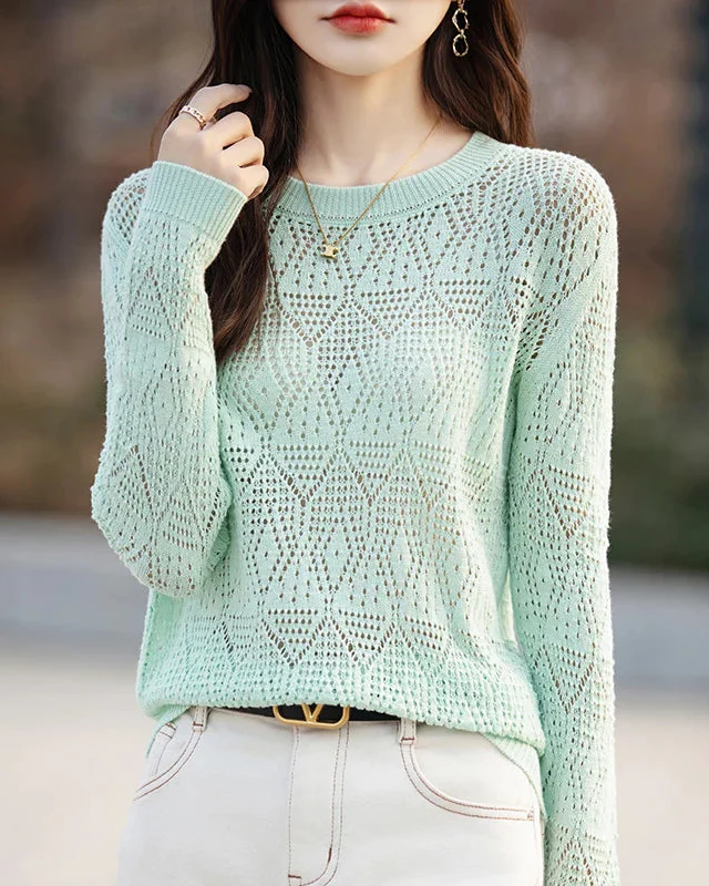 Image of Hollow Knit Cotton Relaxed Pullover Top