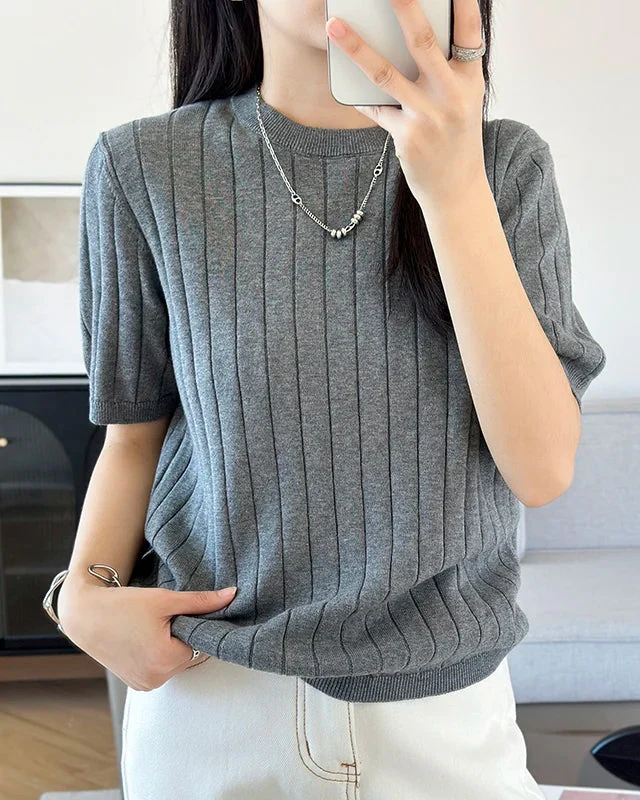 Image of Ribbed Cotton Knit Short Sleeve Tee