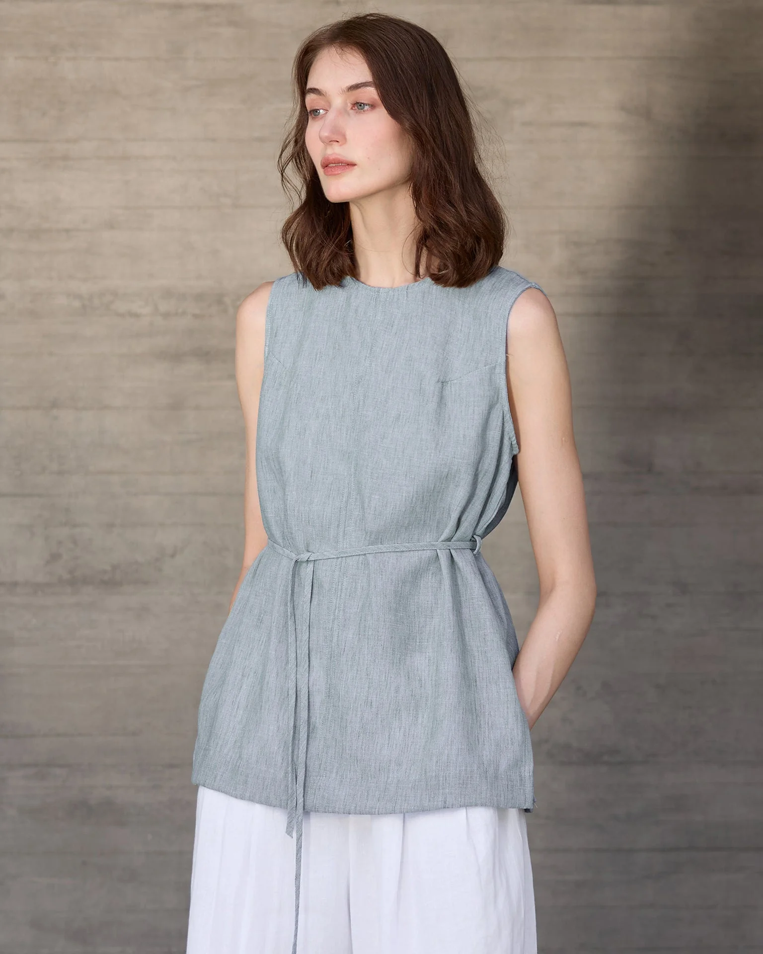 Image of Mid-Length Crew Neck Linen Vest
