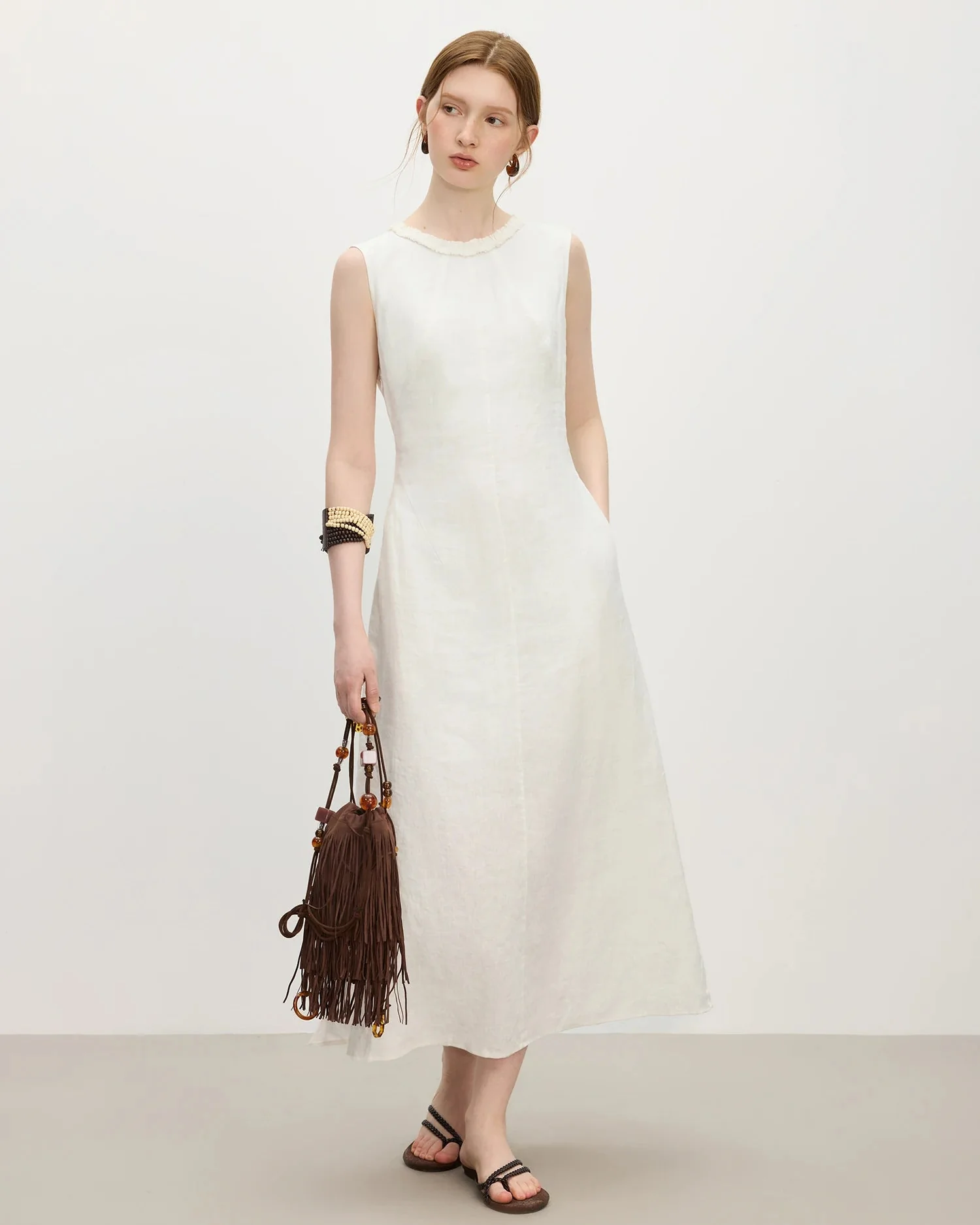 Image of Wood Ear Edge Linen Round Neck Sleeveless Dress