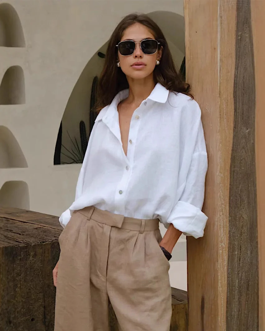 Image of Versatile Solid Color Simple Loose Shirt