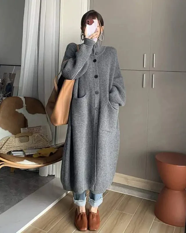 Image of Oversized High-Neck Long Cardigan With Pocket