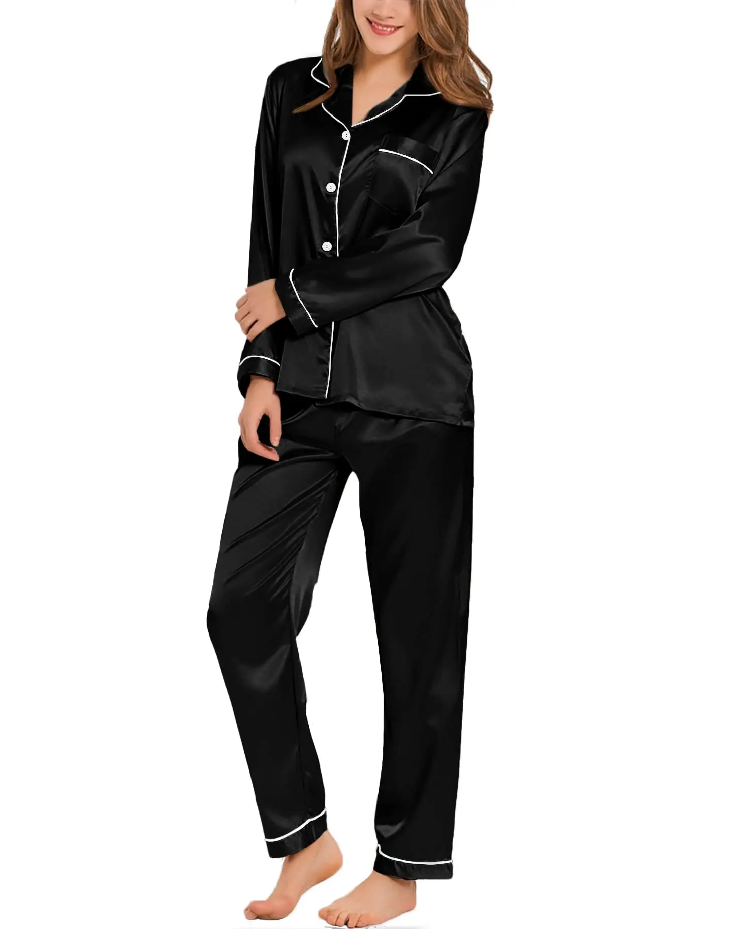 Image of Satin Button-Down Long-Sleeve Pajama Set