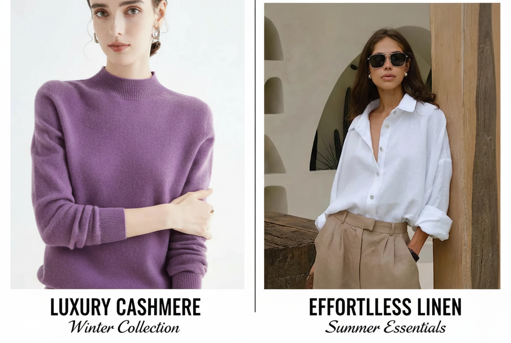 Two women modeling luxury cashmere and effortless linen clothing collections.