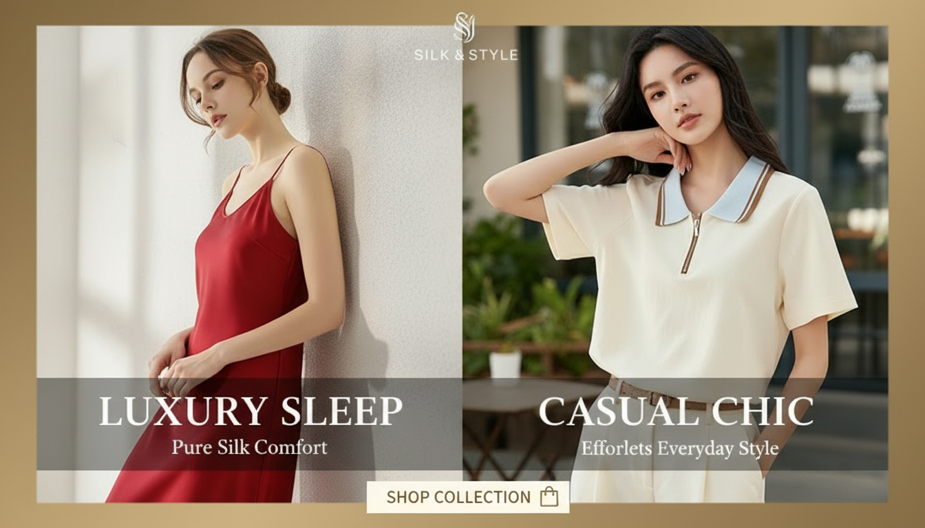 Two women model silk sleepwear and casual chic outfits.