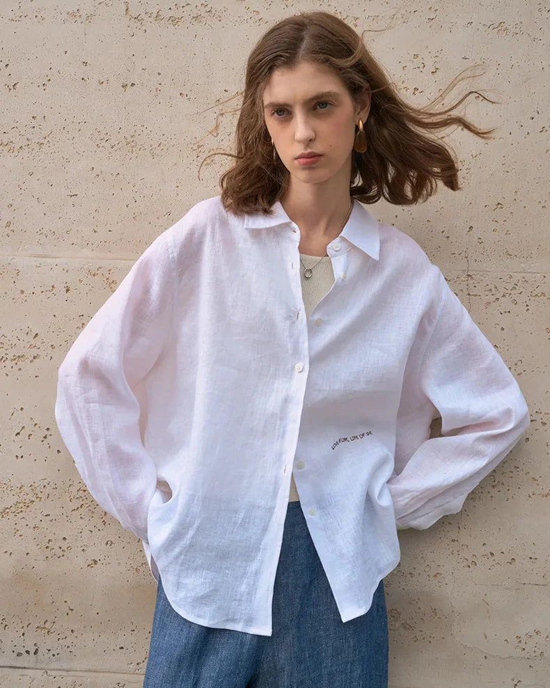 Image of Linen Embroidered Loose Long-Sleeve Shirt