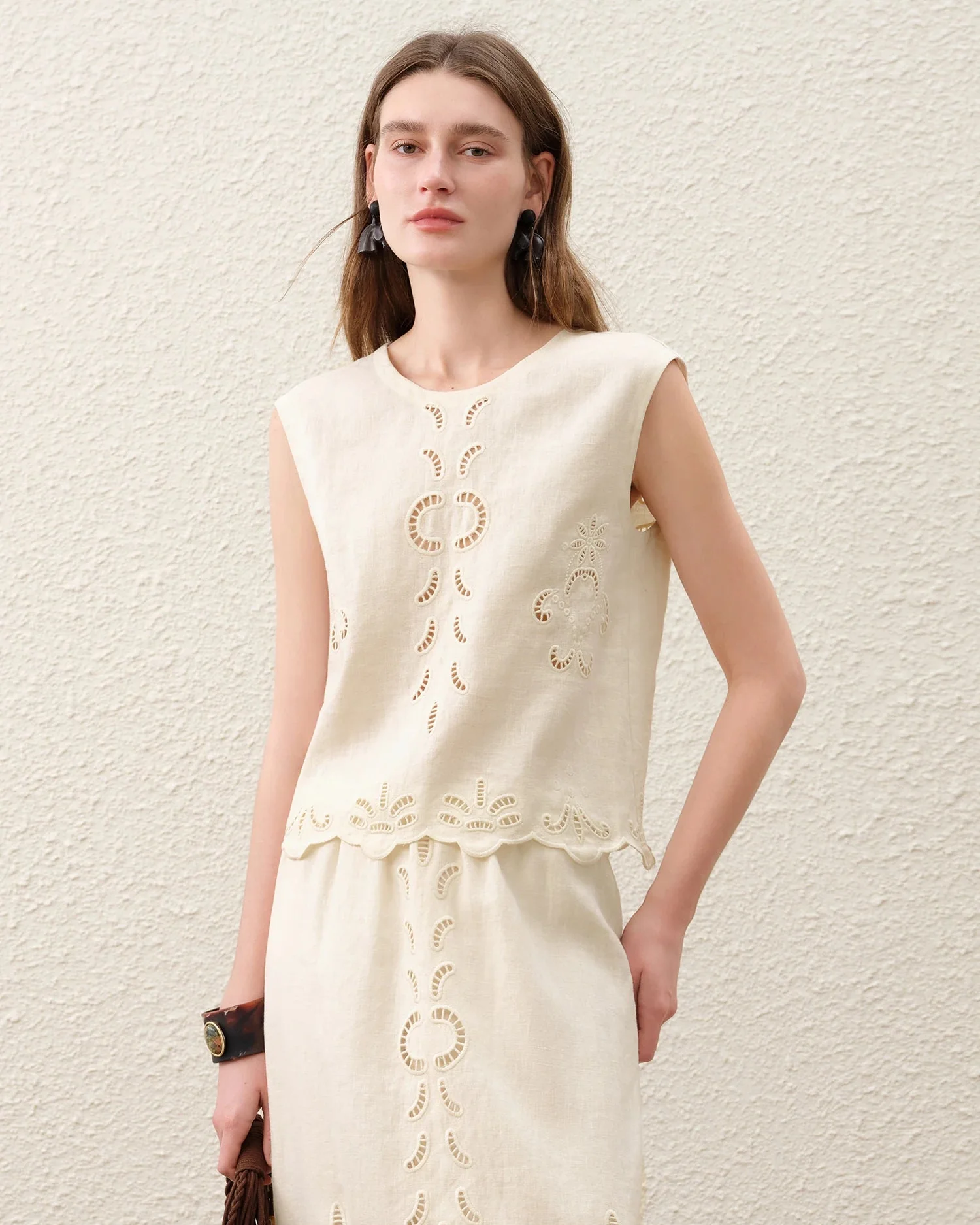 Image of Linen Cut-Out Embroidered Sleeveless Top