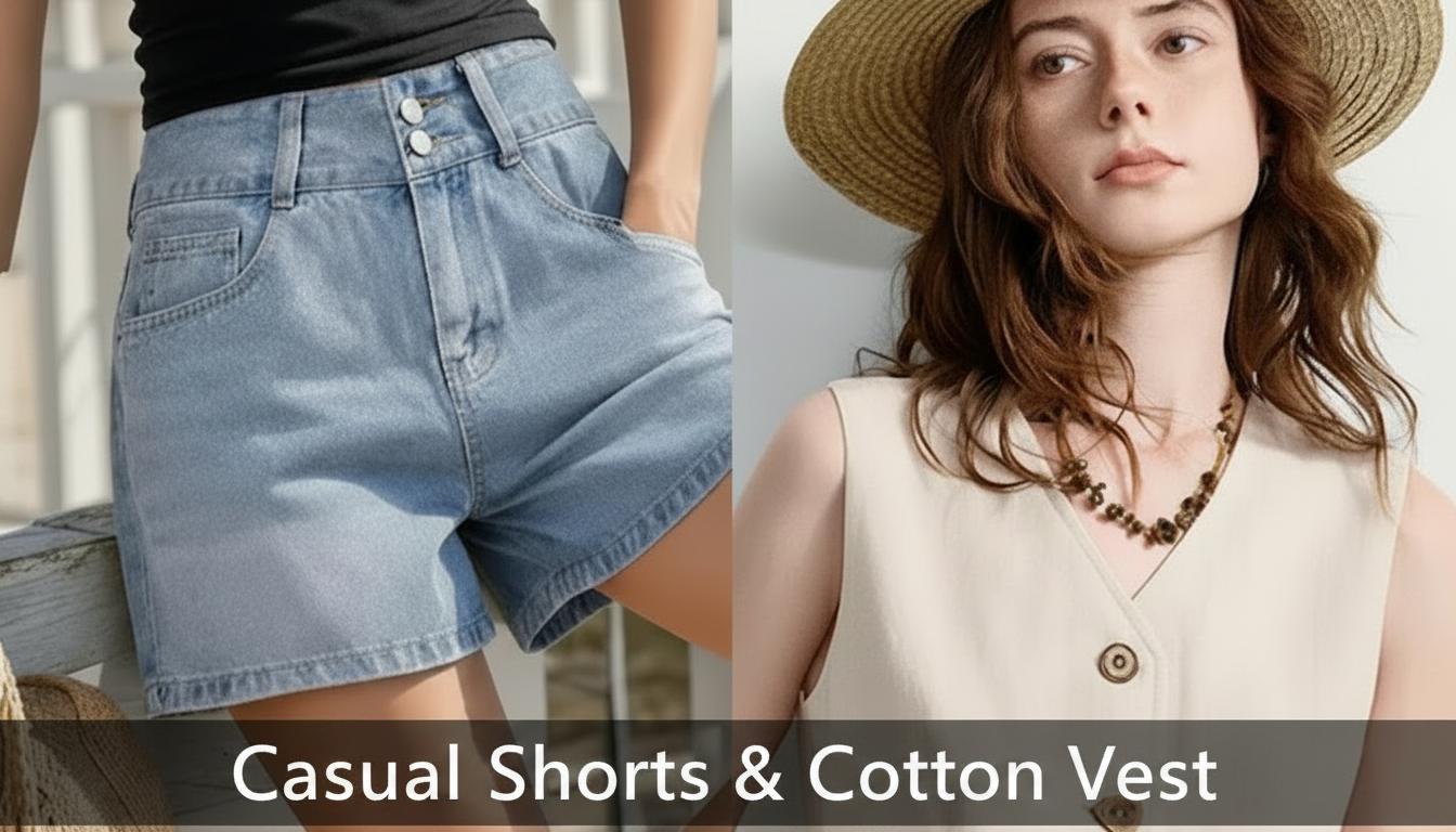 A split image shows light wash denim shorts and a woman in a cream vest and straw hat.