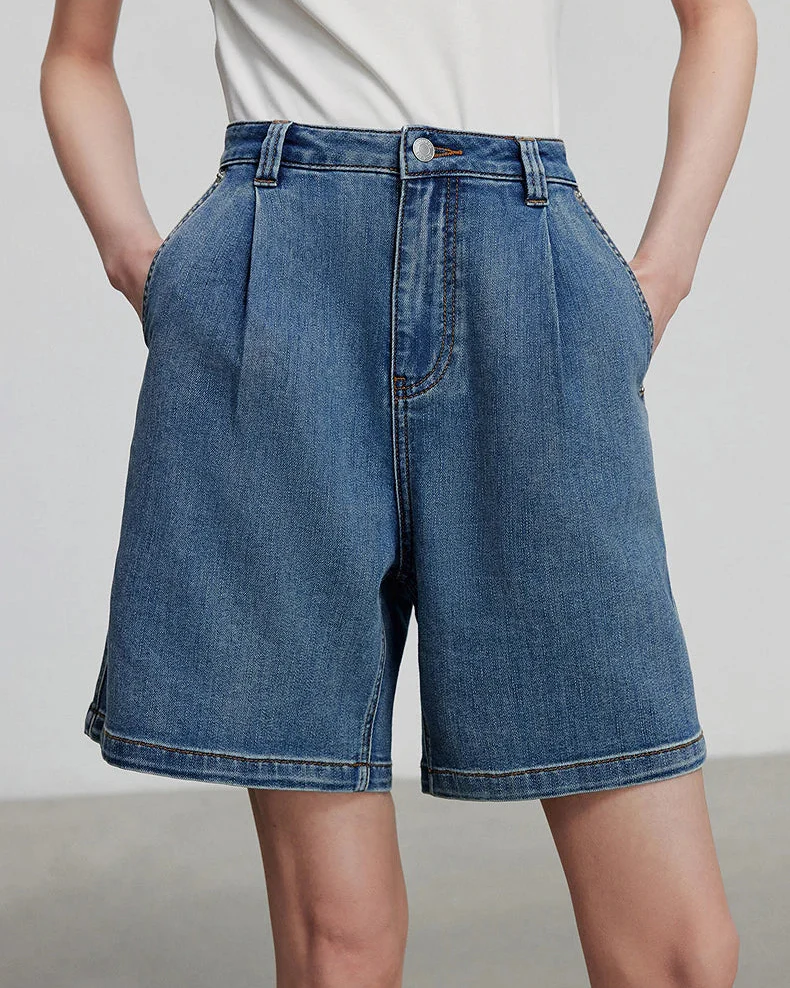 Image of Wide-Leg Denim Shorts