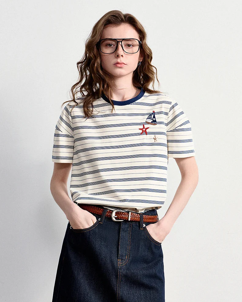 Image of Nautical Stripe Embroidered T-Shirt